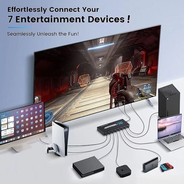 INF HDMI Switch 7x1 med 4K@60Hz och IR-fjärrkontroll, för PS5 PS4 Xbox DVD Player