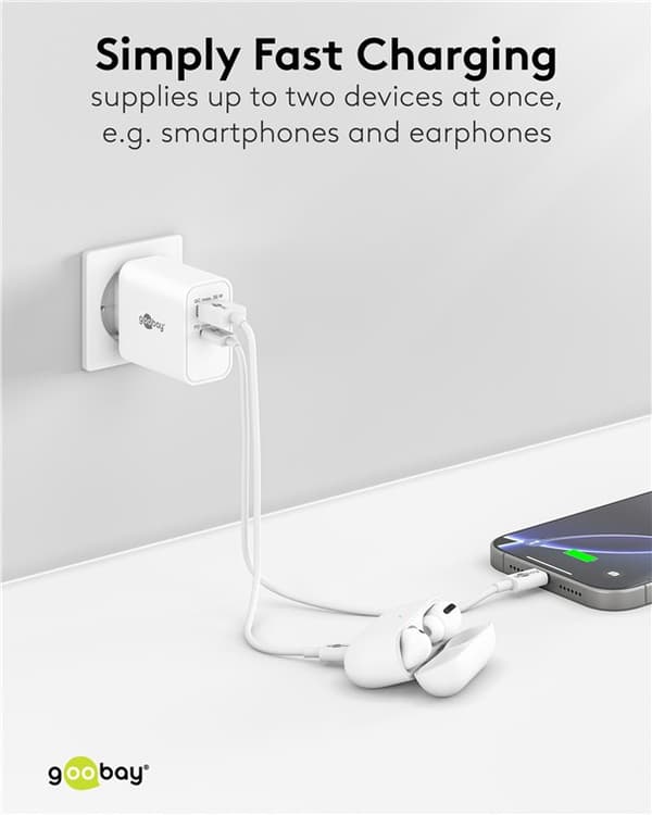 USB-C™ PD GaN dubbel snabbladdare (30 W) vit