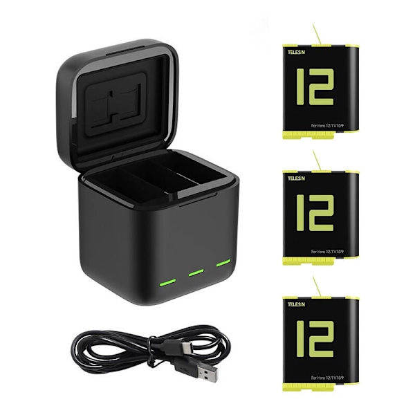 Box Telesin trekanalsladdare + 3 batterier för GoPro Hero 12 / 11 / 10 / 9 (GP-BNC-902-B)