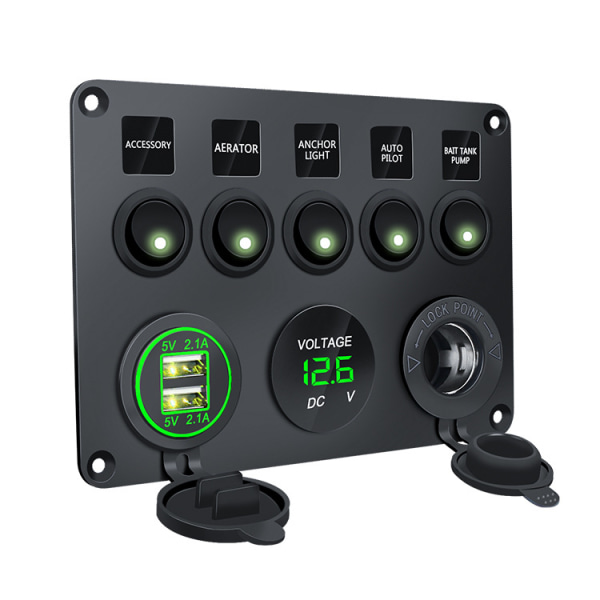 INF Strømafbryderpanel - 5 kontakter, voltmeter, 2 USB-strømudtag Sort + Grøn