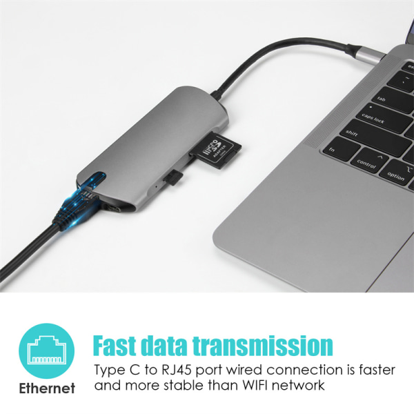 8-i-1 USB C Hub med USB 3.0, HDMI, RJ45, SD/TF-kortlæser, 100W P