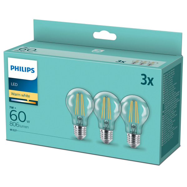 Philips 3-pack LED E27 Normal Klar 60W 806lm