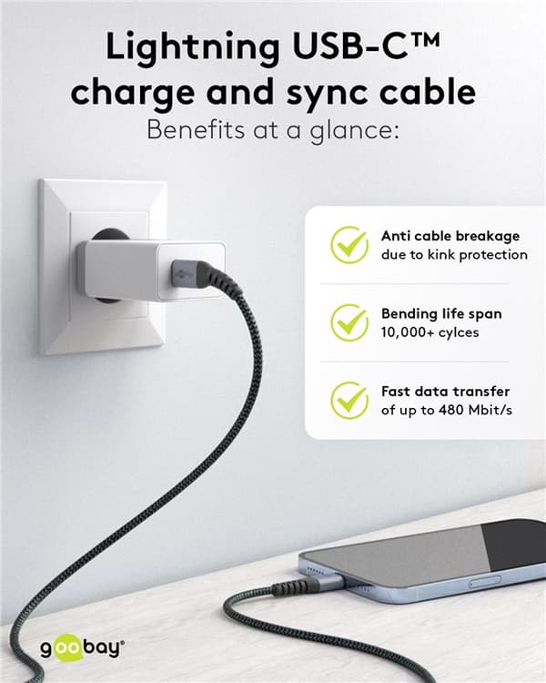 Lightning-USB-C™ textilkabel med metallkontakter, 1 m