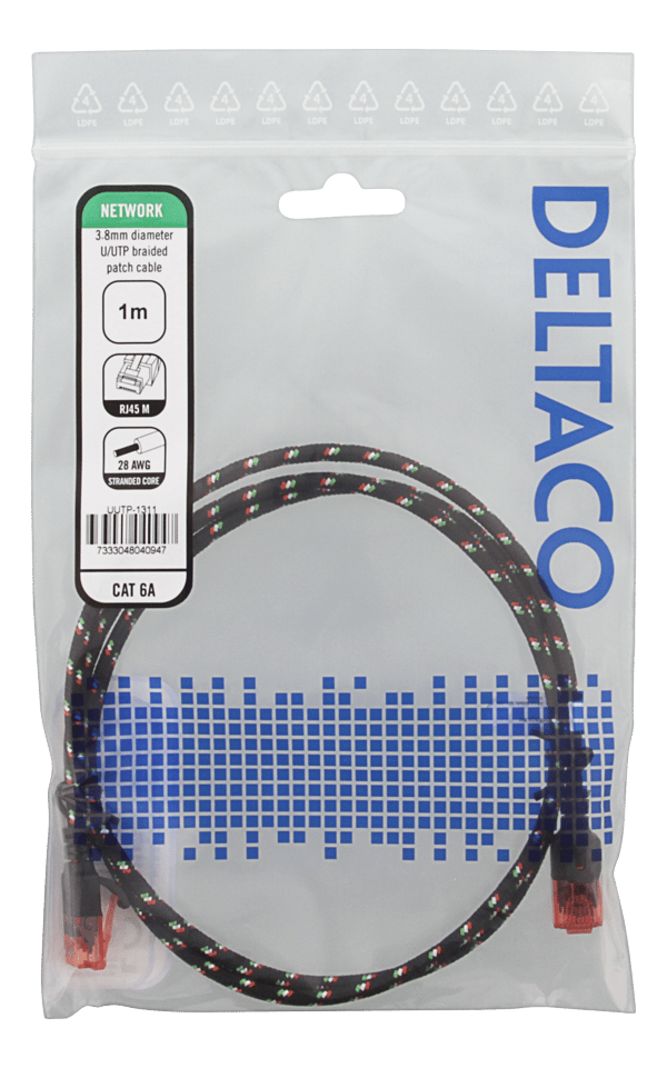Tough Slim CAT.6A U/UTP Patch Cable, 28AWG, 3.8mm, 1m, black