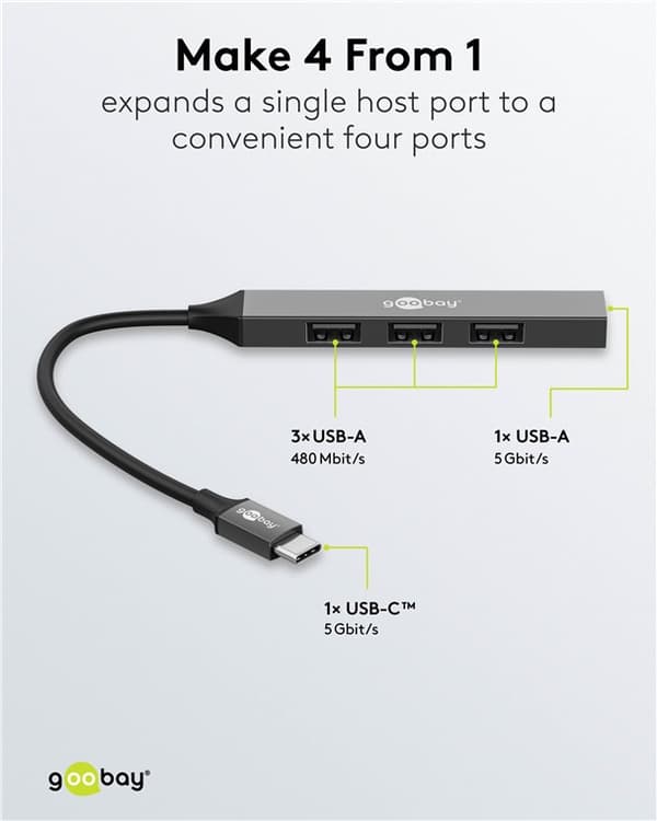 Ohut USB-keskitin 4 portilla, USB-C™ - USB-A, 5 Gbit/s