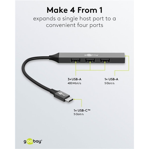 Slim 4-ports USB-hub, USB-C™ til USB-A, 5 Gbit/s