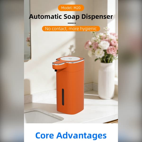 M20 touchfri sæbedispenser – automatisk håndsæbe til køkken og badeværelse med 0,3s sensor, LED-display, USB genopladelig, multifunktions væskestøtte Orange