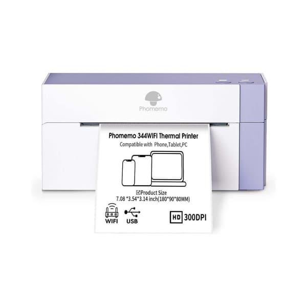 WiFi termisk etiketprinter 300dpi for skarpe stregkoder til forsendelse og lager med 108mm printbredde, WiFi+Bluetooth, USB/netværk white + purple white + purple