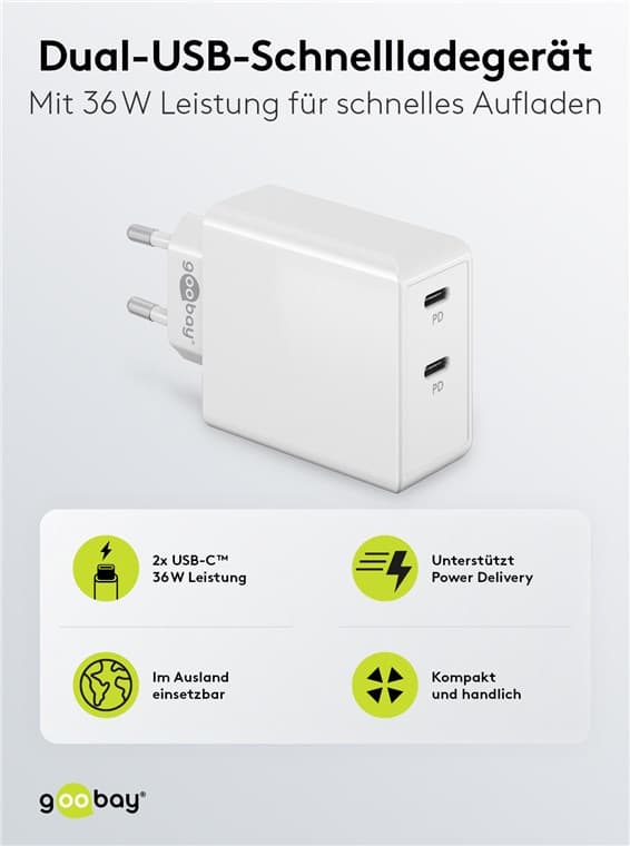 USB-C™ PD dobbelt hurtigoplader (36 W) hvid