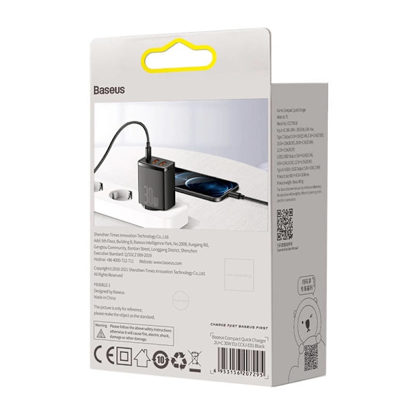 Laddare Baseus kompakt snabbladdare, 2xUSB, USB-C, PD, 3A, 30W (czarna)