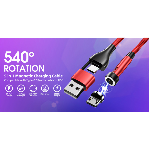 1 kabel med 2 porte Sæt med magnetiske USB og Type C opladningsp Rød