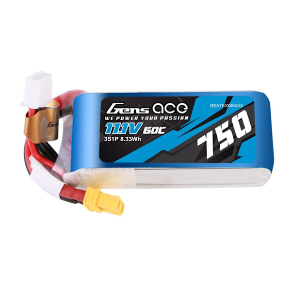 Gens Ace 750mAH 11.1V 60C 3S1P Lipo akku XT30-liittimellä