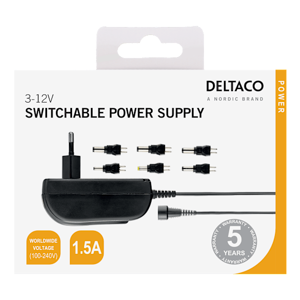 Power supply, 240 V to 3-12 V, 1.5 A, different tips, black