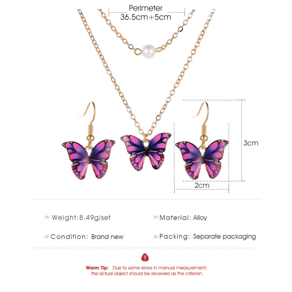 Smyckesset med tvåradigt halsband och örhängen Fjärilar Lila Lila