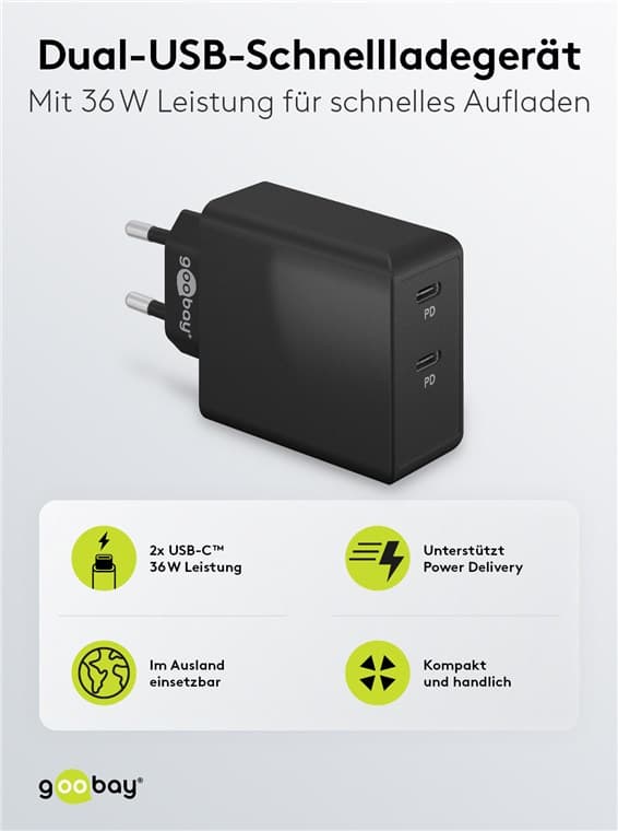 Dual USB-C™ PD -pikalaturi (36 W), musta