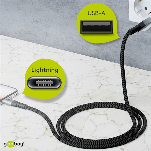 Lightning USB-A tekstilkabel med metalstik, 2 m