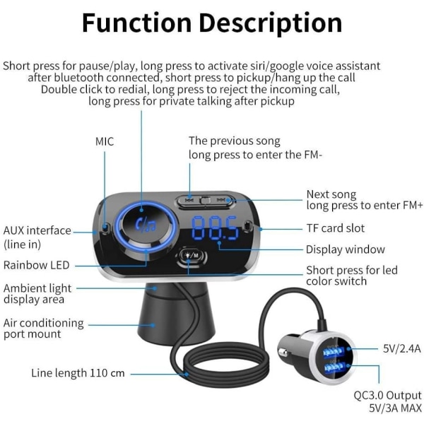 INF Trådløs FM-sender til bilen Bluetooth 5.0 QC3