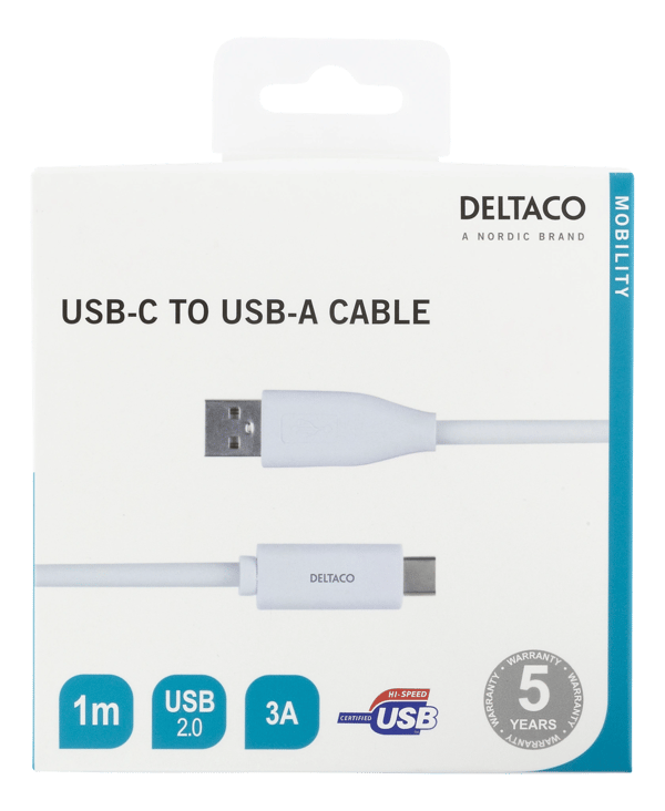 USB-C to USB-A cable, 1m, 3A, USB 2.0, white