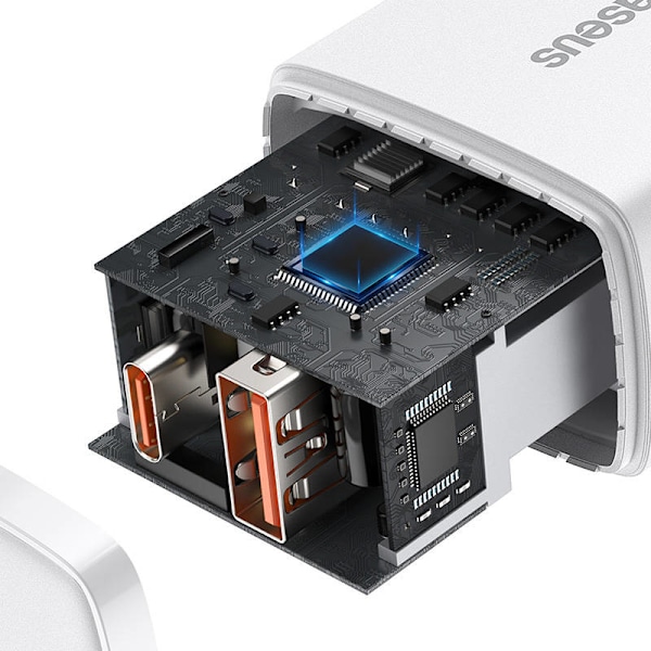 Baseus kompakt snabbladdare, USB, USB-C, 20W (vit)