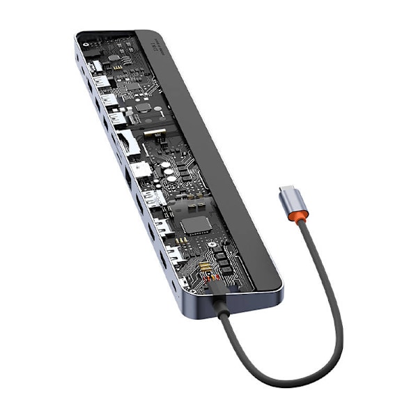 Hub 12w1 Baseus EliteJoy Gen2 -sarjan USB-C do 2xHDMI+ 3xUSB 3.0+ PD+ DP+ SD/TF+ RJ45+Type-C+ 3,5 mm (tummanharmaa)