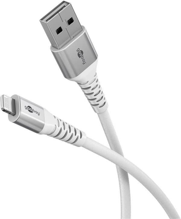Lightning USB-A superblødt tekstilkabel med metalstik, 1 m, hvid
