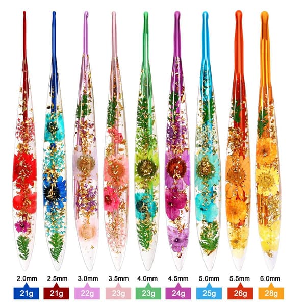 Resin Floral Crochet Hook Set 9-Piece — Extended Solid Aluminum Single-Head Hooks, Multicolor
