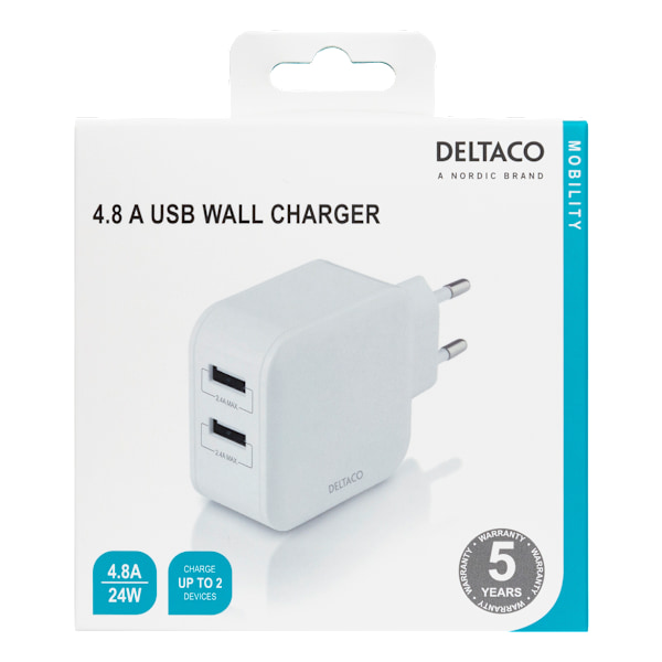 Wall charger with dual USB-A ports, 4.8 A, 24 W, white