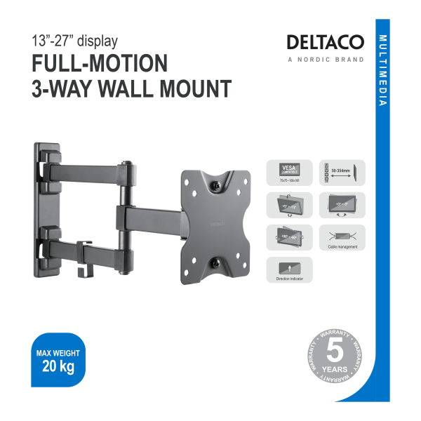 Full motion 3-way wall mount, 13-27" up to 20 kg, tilt, rota