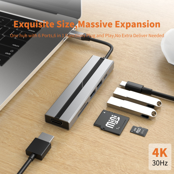 6-i-1 USB C Hub med 4K HDMI-adapter, USB 3.0/2.0-porte, SD/TF-ko