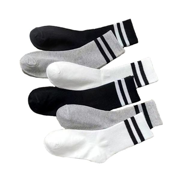 5 par pakke mid-calf sokker - sort, hvid, grå med striber - blandet