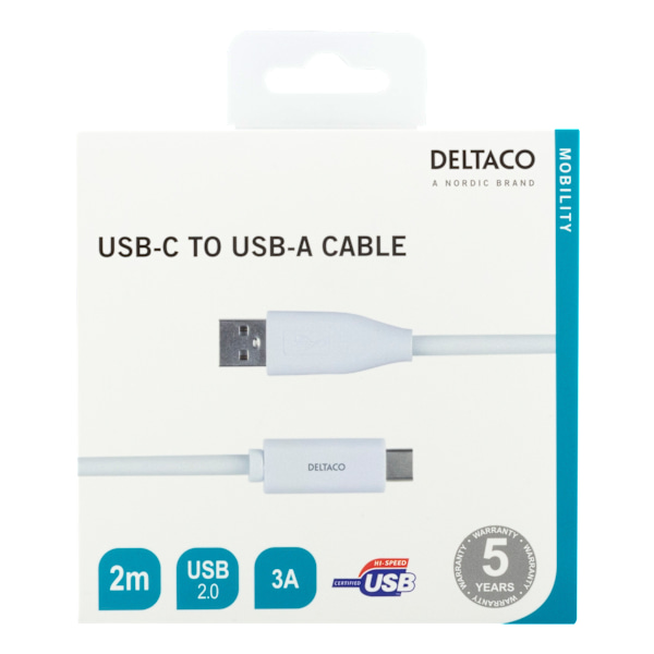 USB-C to USB-A cable, 2m, 3A, USB 2.0, white