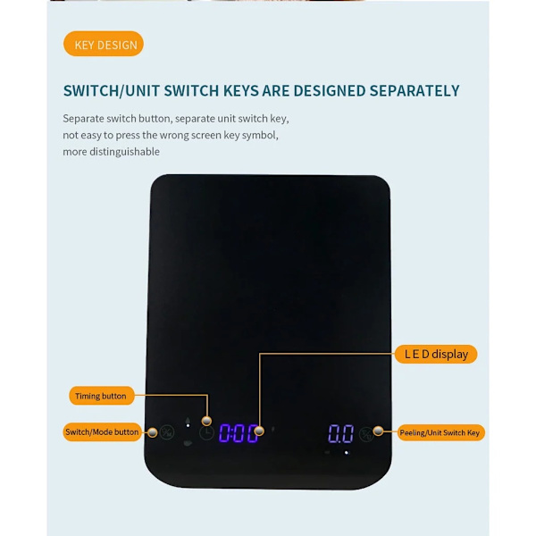 Mini digital kaffevægt med dobbelt timer, USB-C genopladelig, højpræcisionssensor, LED-display - Sort
