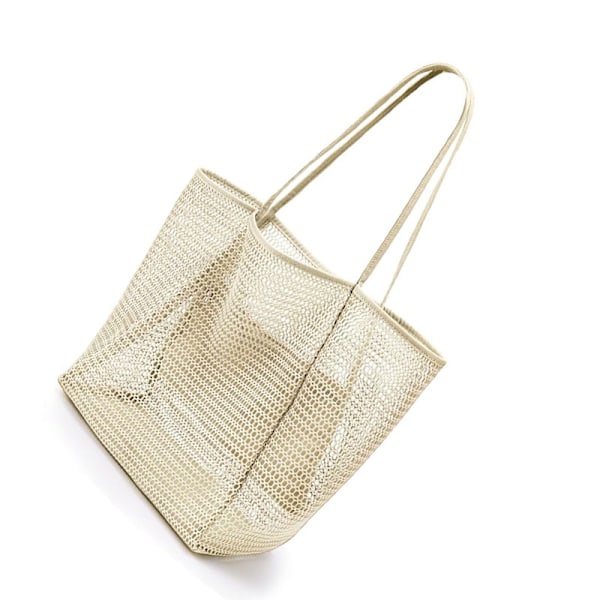 Vikbar strandväska, tygväska i mesh för kvinnor Beige