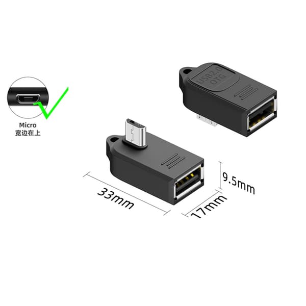 USB-A hona till Micro-B hane OTG-adapter med 90° vinkel och nyckelring, 4-pack, ABS svart, stöder 5V/1A laddning och USB 2.0 dataöverföring
