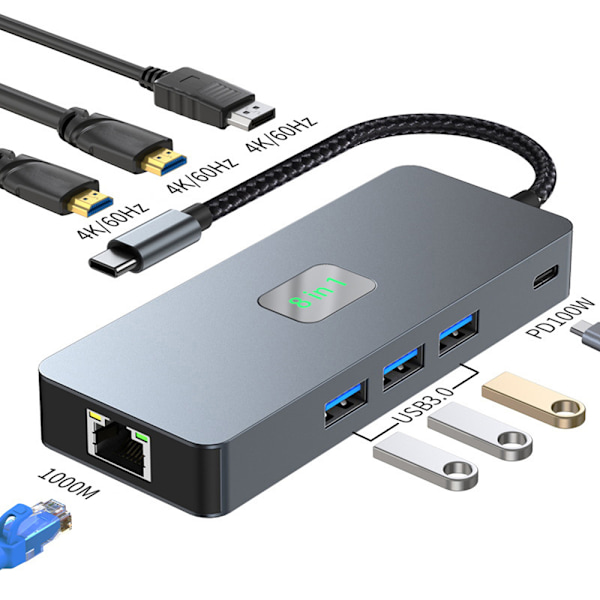 8-i-1 USB C Hub, Dubbla 4K60Hz, Gigabit Ethernet-adapter