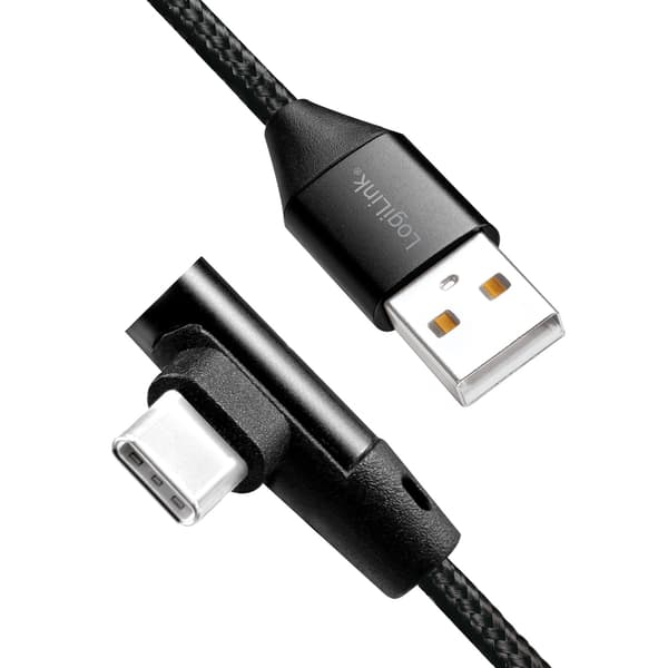 USB-A - USB-C -kaapeli, kulmapunottu, 15 W, 0,3 m, musta