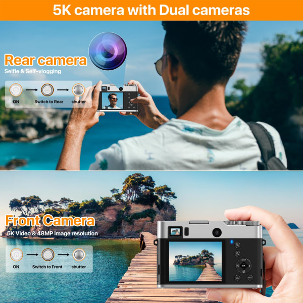 INF 5K digitalkamera, främre bakre kameror/sökare/autofokus/anti-shake/32G-kort Brun