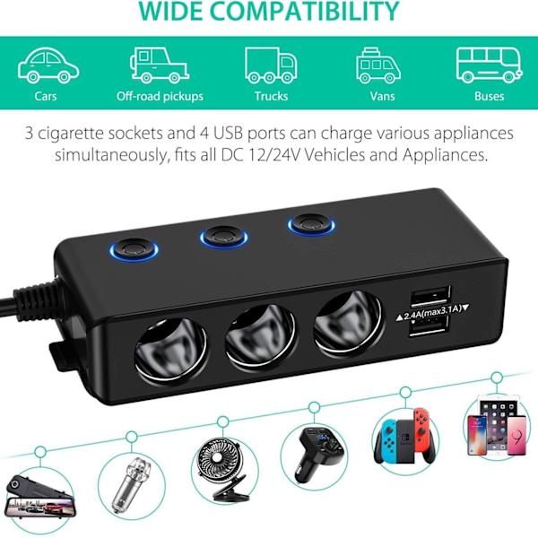 Billaddare, 3-ports USB-laddare med LED-display