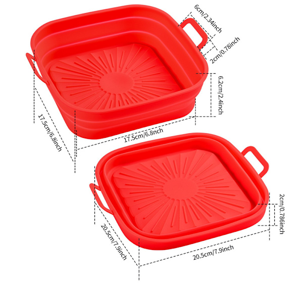 Hopfällbar fyrkantig Air Fryer silikonform 17.5 cm Röd