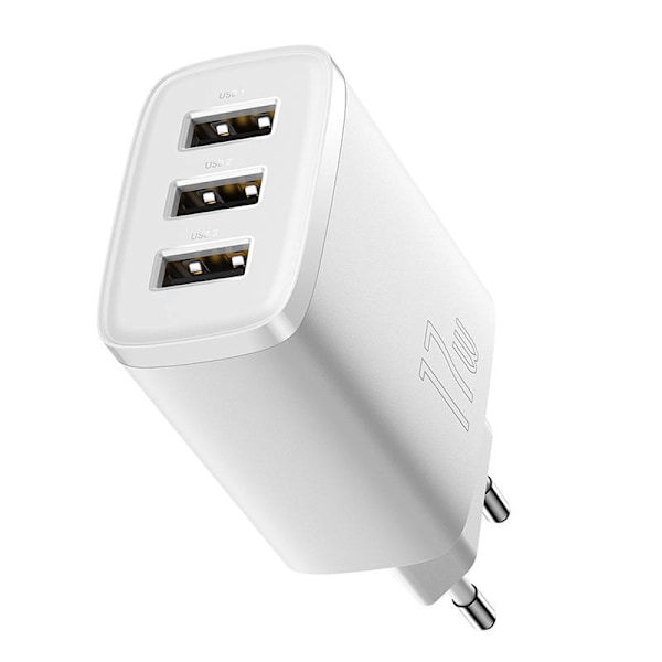 Baseus kompakt snabbladdare, 3x USB, 17W (vit)