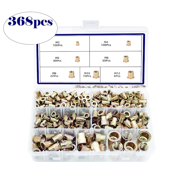 368st Räfflade Nitmutter Set, Zinklegering Gängad Insatsmutter Kit