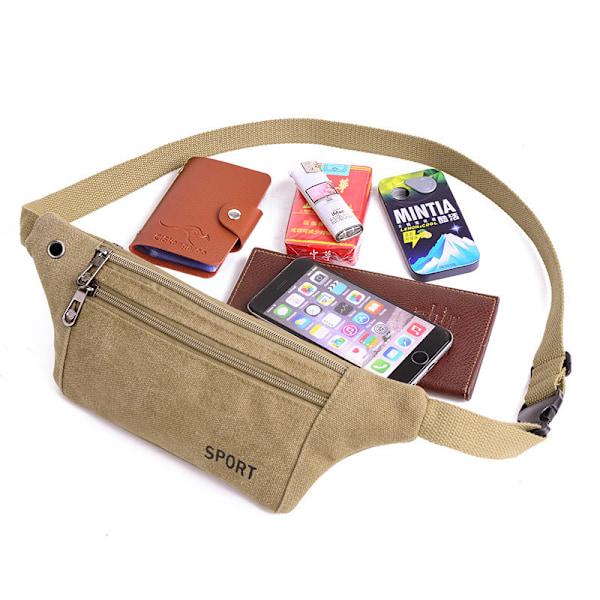 Midjeväska i canvas med ficka - Fannypack för utomhussporter Kaki