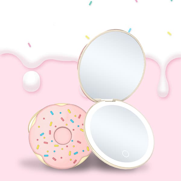 Donutformad LED-sminkspegel med 2x förstoring, trefärgsbelysning och USB-laddning Pink Pink