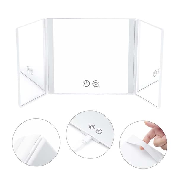 LED Bil Makeupspejl - Hvid - Belyst, Tre-Fold Design, Kompatibel med de Fleste Bilmodeller