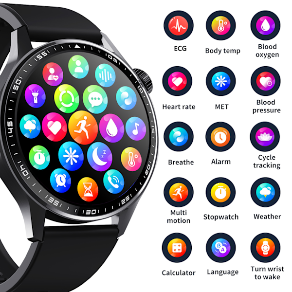 Smartwatch med EKG, pulsmåler, blodtryksmåler og skridttæller Sort læderrem