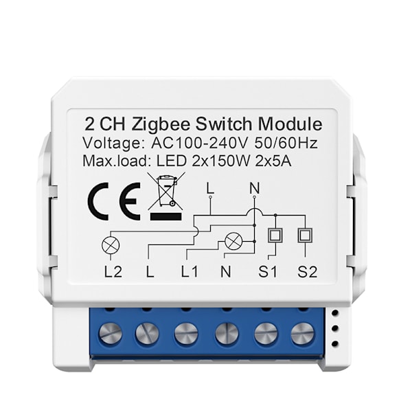 ZigBee Smart Switch Module - 2 Gang, Vit, Mini Storlek