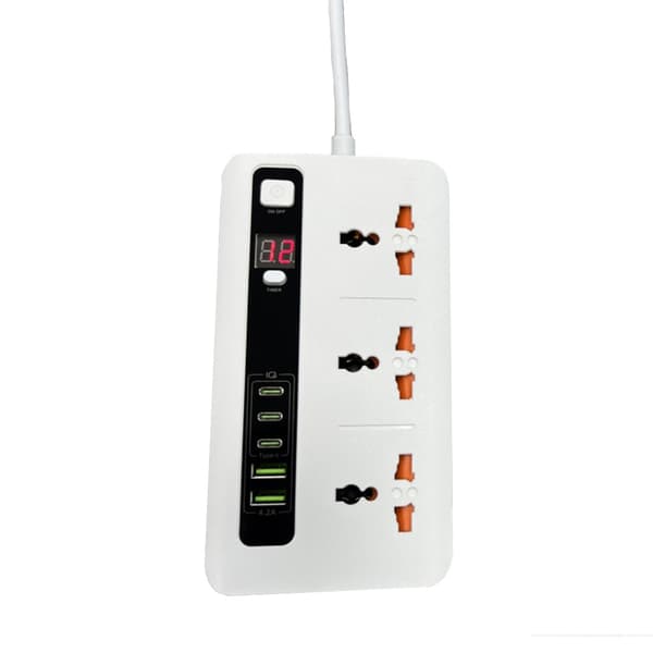 Universal Timer Grenuttag med USB & Type-C Portar - EU-kontakt, 8 Uttag, Centraliserad Laddningslösning White White