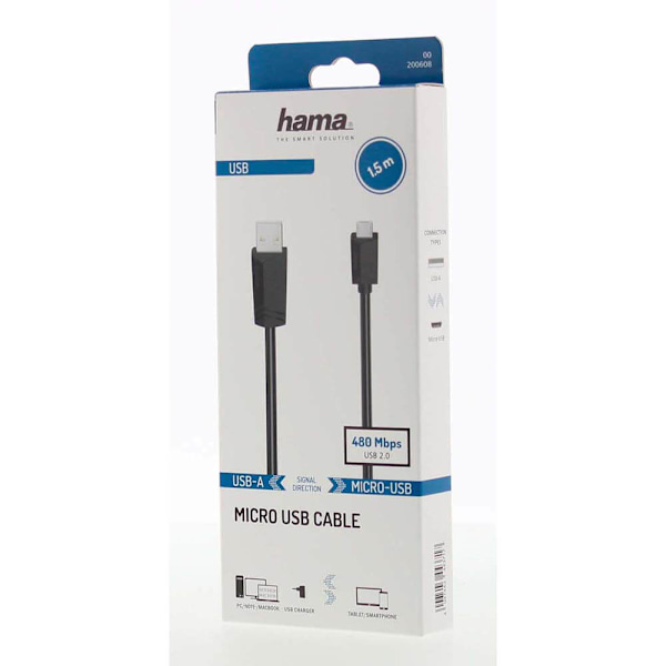 Kabel Micro-USB 2.0 480 Mbit/s 1,5m Svart