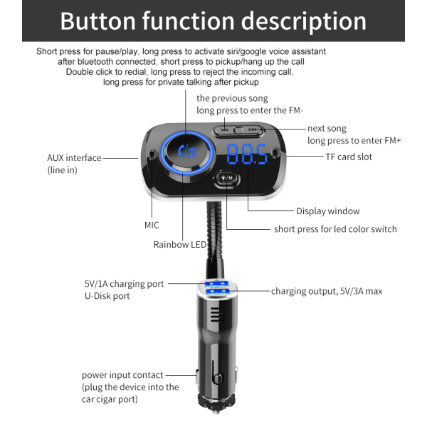 INF Langaton FM-lähetin autoon LED 7 väriä QC3.0 pikalaturi