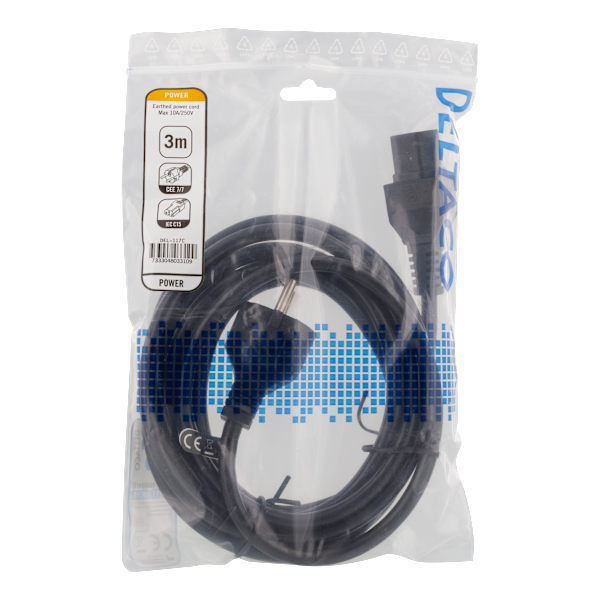 3m earthed device/extension cable, straight IEC 60320 C15